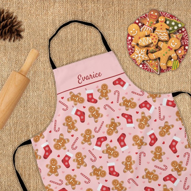 Tablier Sucre de canne en pain d'épices Bas Noël rose (gingerbread, candycane and stockings - cute pink christmas apron)