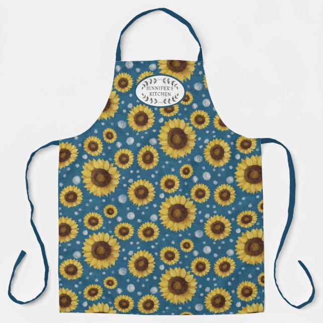 Tablier Sunflowers Blue Rustic Farm House Nom de la cuisin (Recto)