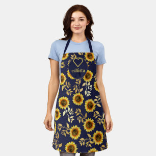 Tablier Sunny Yellow Gold Navy Feuilles de tournesols Mono