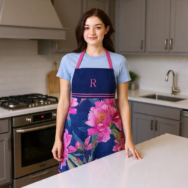 Tablier Superbe Fleur Rose Monogrammée (Stunning Pink Floral Bloom Monogrammed Apron by Ricaso. Watercolor flowers in pink on dark blue
)
