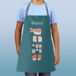 Tablier Sushi Fun Personnalisé<br><div class="desc">Cute sushi japonais art culinaire sur un arrière - plan vert profond. Art original de Nic Squirrell. Modifiez ou supprimez le nom à personnaliser.</div>