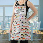 Tablier Sushi Restaurant Chef cuisine Sobo's Kitchen Custo<br><div class="desc">Un tablier amusant avec un motif de sushi dessiné à la main et deux lignes de texte personnalisé. Ajoutez le nom d'une personne, le nom de votre Sobo, le nom du restaurant, le nom du café ou du magasin ou supprimez le texte et le rectangle et utilisez simplement le motif....</div>