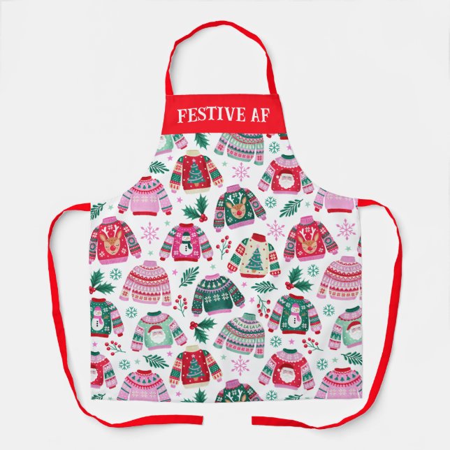 Tablier Sweaters de Noël moches avec Père Noël et rennes (Recto)