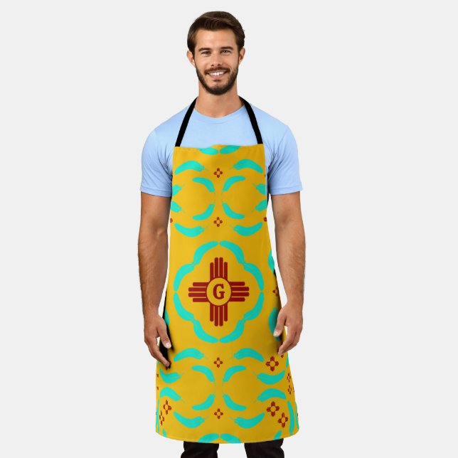 Tablier Symboles Red Zia Nouveau-Mexique Plumes turquoise (Porté)