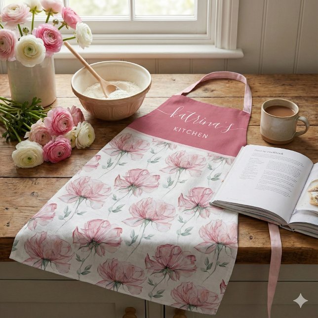 Tablier Tabard à impression florale aquarelle intégrale (This beautiful watercolor floral personalized apron would make a great bridal shower gift! )