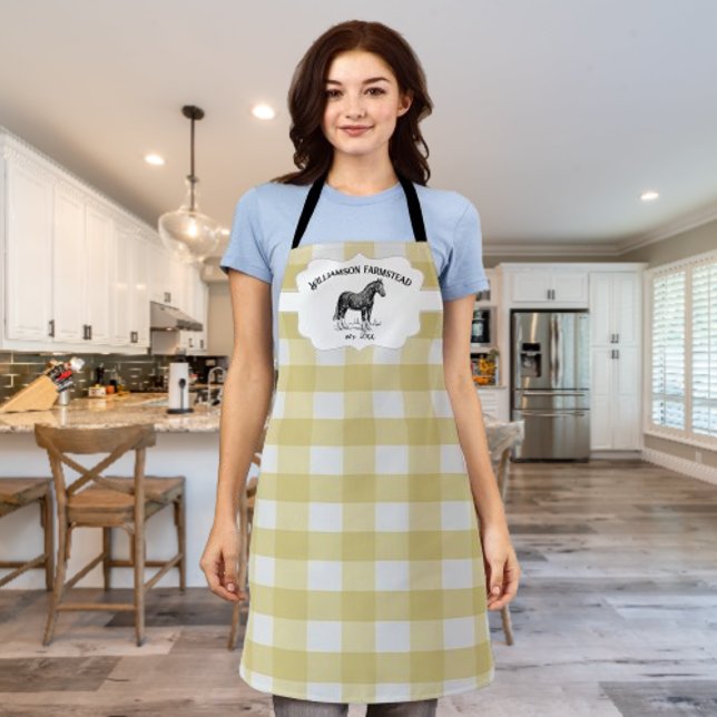 Tablier Tabard de cheval de ferme à carreaux Buffalo jaune (Yellow Buffalo Plaid Farm Horse Personalized Apron)