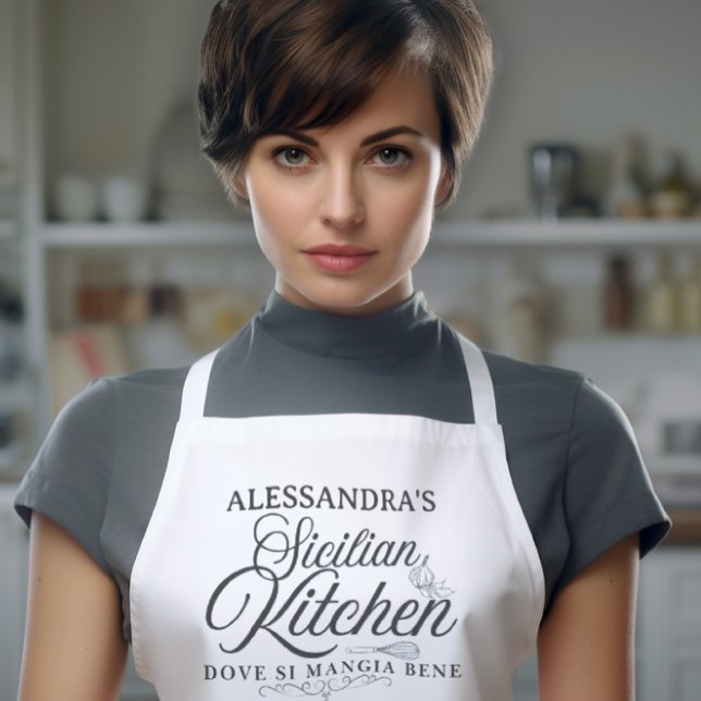 Tablier Tabard de Nonna sicilienne personnalisé ((Custom name) Sicilian Kitchen Dove Si Mangia Bene (where one eats well) white apron Sicily heritage)