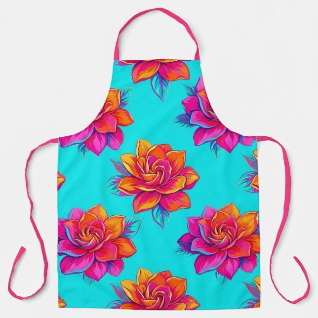 Tablier Tabard Floral Turquoise et Rose Néon (Recto)