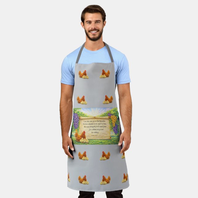 Tablier Tabard gris uni avec poules & verset biblique (Porté)