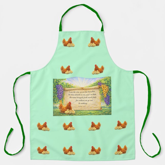 Tablier Tabard Vert Uni avec Poules & Verset Biblique (Recto)