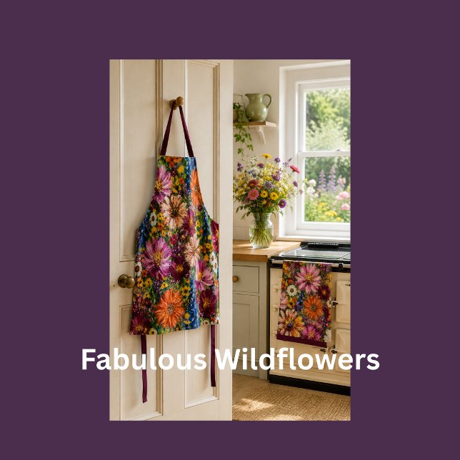 Tablier Tabardier Imprimé de Fleurs Sauvages Colorées (Colourful wildflower apron and tea towel bring joyful cottage charm to this radiant country kitchen.)