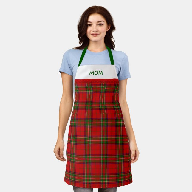 Tablier Tartan à carreaux rouge et vert rustique avec nom (Porté)