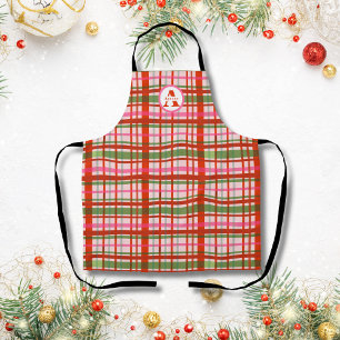 Tablier Tartan de Noël écossais rouge et vert monogrammé