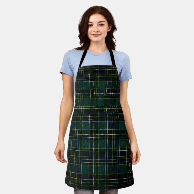 Tablier Tartan Vert de Noël Hiver & Feuille d'Or (Porté)