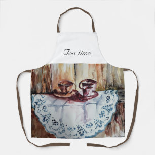 Tablier Tasses à thé vintages sur lin dentelle blanche