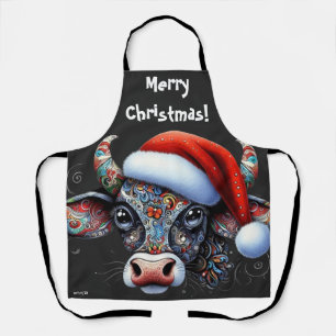 Tablier Taureau de vache de Noël avec chapeau rouge floral