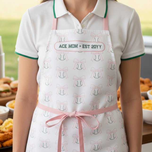 Tablier Tenniscore Ace Mom Preppy Coquette Tennis Ball Bow ("Ace Mom" Tenniscore coquette sporty mom apron, with tennis ball and pink bow pattern)