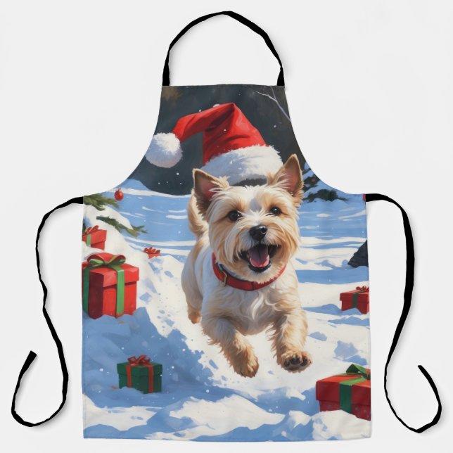 Tablier Terrier Cairn courant dans la neige avec un chapea (Recto)