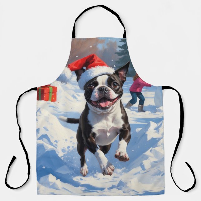 Tablier Terrier de Boston Scène de neige festive de Noël (Recto)