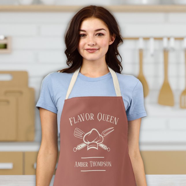 Tablier Texte et nom personnalisés pour les femmes Chef Cu ("Flavor queen" funny cute womens bbq chef apron with customizable name and text gift for her grandma)