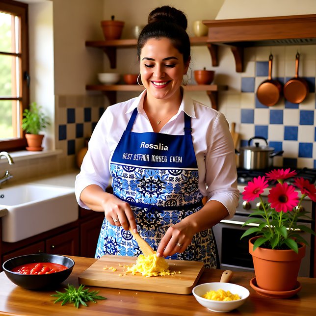 Tablier Texte personnalisé 💙 bleu azulejos étonnant (Custom text💙 Stunning blue Azulejos Apron)
