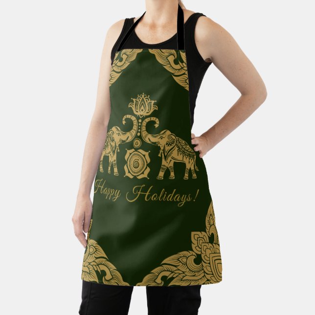 Tablier Thaïlande Elephant Joyeux Vacances Cadeau Or & Ver (Insitu)