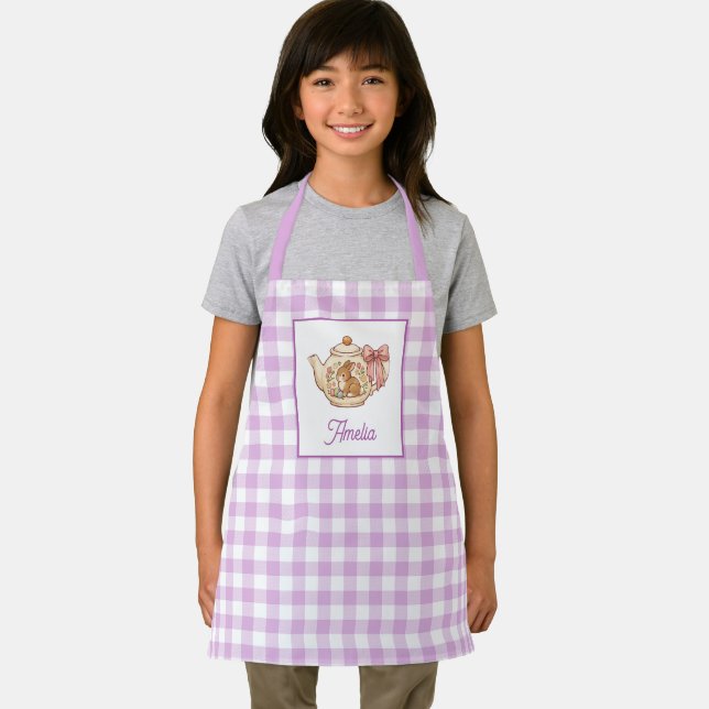 Tablier Théière de Pâques personnalisée Lapin Gingham Nom (Insitu)