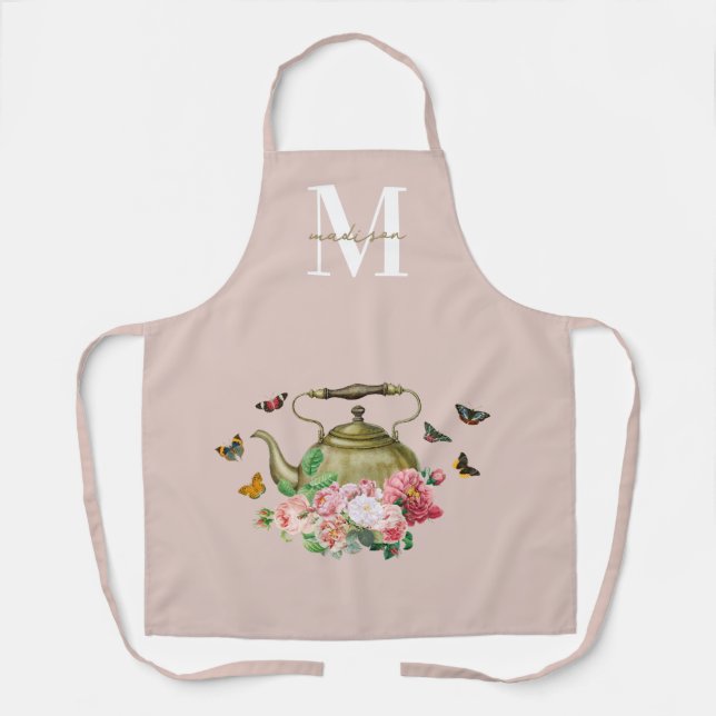 Tablier Théière Party Fleurs Roses et Papillons Monogramme (Recto)