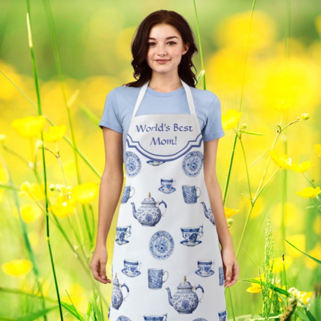 Tablier Théière personnalisée bleu blanc de style Chinois  (Perfect for Mothers Day. Personalize it!)