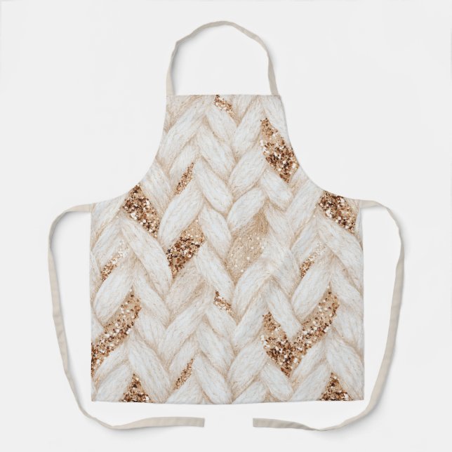Tablier Tissu Faux Tissé Blanc Paillettes Dorées   (Recto)