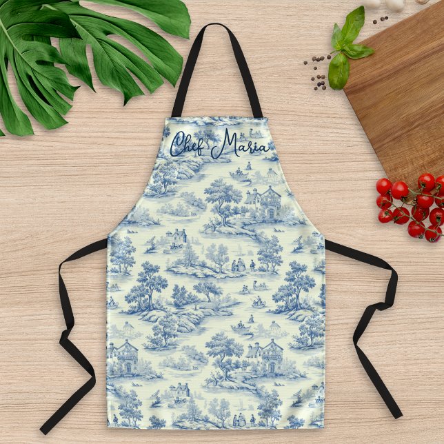Tablier Toile Bleue de Jouy Cuisine & Cuisine Cadeau (Elegant Apron in French Cottage Style Blue Toile de Jouy Pattern, Personalized Custom text or name )