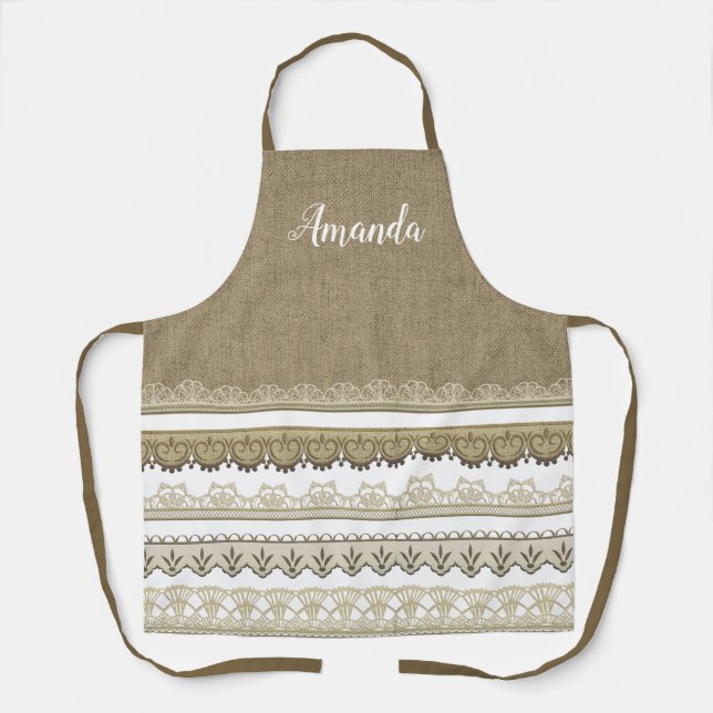 Tablier Toile Burlap et Dentelle avec impression personnal (Recto)
