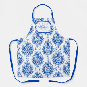 Tablier Toile de Jouy bleue française avec motif damassé e