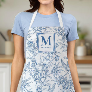 Tablier Toile de Jouy bleue monogramme personnalisé
