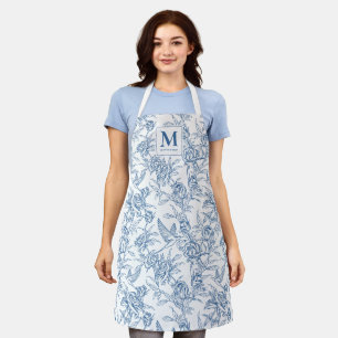 Tablier Toile de Jouy florale vintage bleue monogramme fra