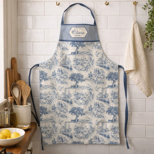 Tablier Toile de Jouy française vintage personnalisée bleu