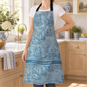 Tablier Toile de Jouy Vintage Bleu Sarcelle de Style Campa