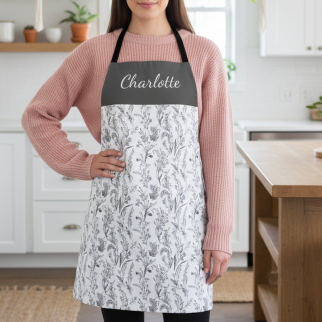 Tablier Toile Florale Noir Blanc Nom Personnalisé (black and white minimalist toile chinoiserie pattern apron with custom name)