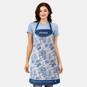 Tablier Toile Florale vintage Gravée Bleu Blanc