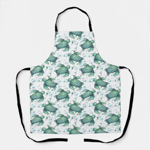 Tablier tortue de mer aquarelle verte motif bleu animal