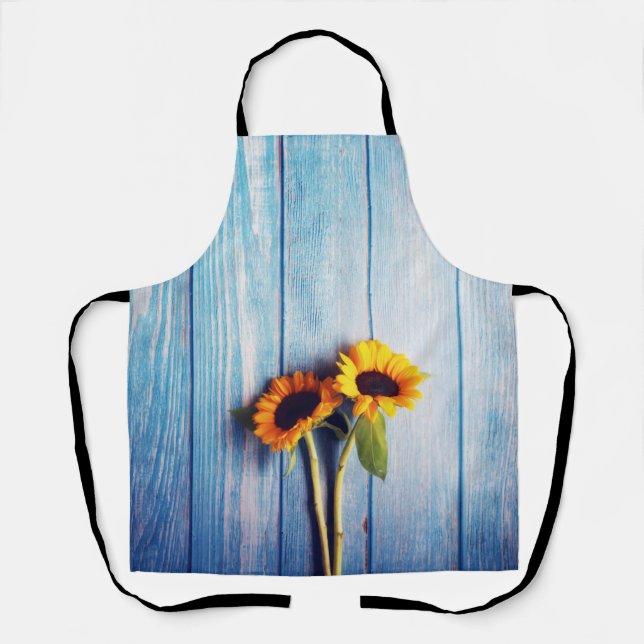 Tablier Tournesol sur Mur en Bois Bleu (Recto)