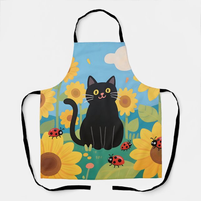 Tablier Tournesols coccinelles chat noir (Recto)
