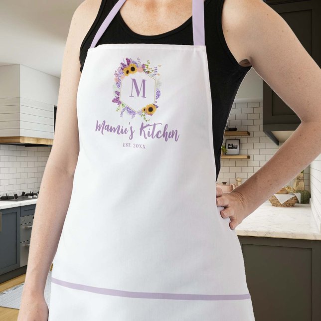 Tablier Tournesols Hydrangea Blanc Violet Lilac Monogramme (hostess mom grandma apron personalized custom thanksgiving christmas gift monogram sunflowers lilac)