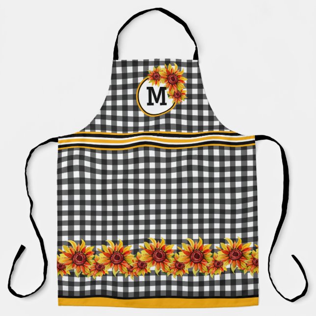 Tablier Tournesols sur gingham noir monogrammé (Recto)