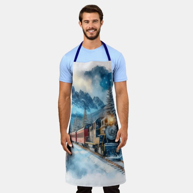 Tablier Train à l'aquarelle vintage AI (Porté)
