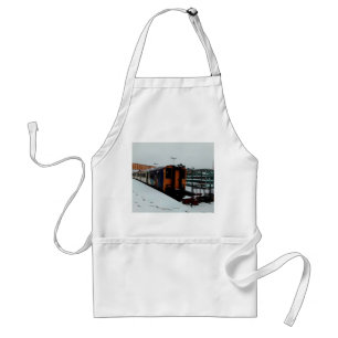 Tablier Train bleu et jaune, dans la neige