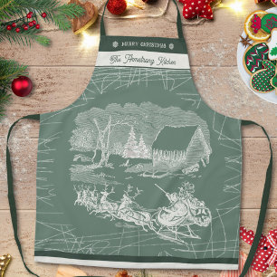 Tablier Traîneau de Noël du Père Noël vert sauge hivernal