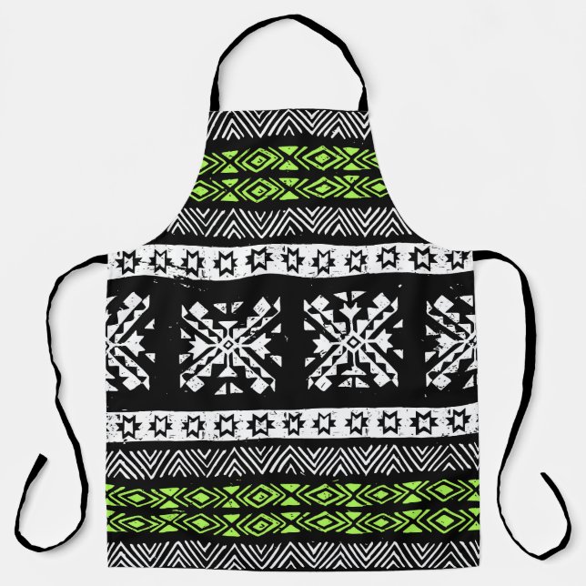 Tablier Tribal Navajo, motif noir blanc vert. (Recto)