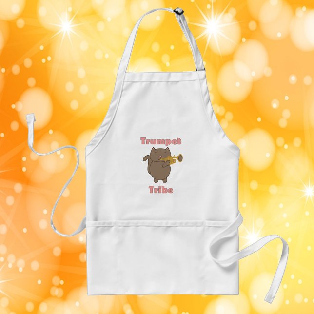 Tablier Tribu Trompette Chat Brun Rose (An apron featuring a brown cat playing the trumpet and the text trumpet tribe)