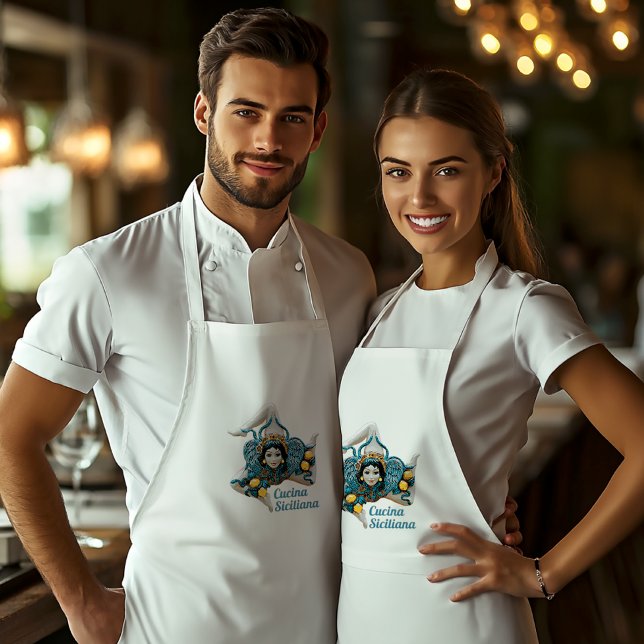 Tablier Trinacria Méduse sicilienne - Symbole de la Sicile (Trinacria Medusa - Symbol of Sicily on White Chef's Apron
"Cucina Siciliana" can be customized)